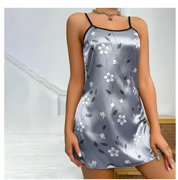 Women’s Satin Floral Nightgown – Sleeveless Mini Slip
