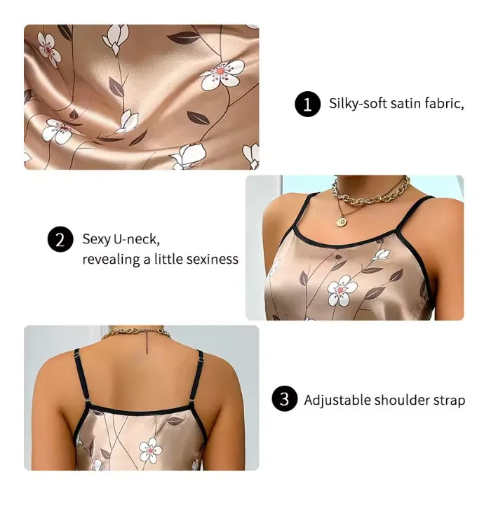 Women’s Satin Floral Nightgown – Sleeveless Mini Slip
